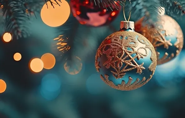 Picture decoration, background, balls, tree, New Year, Christmas, golden, new year