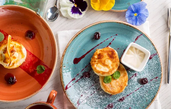 Breakfast, jam, powdered sugar, sour cream, pancakes