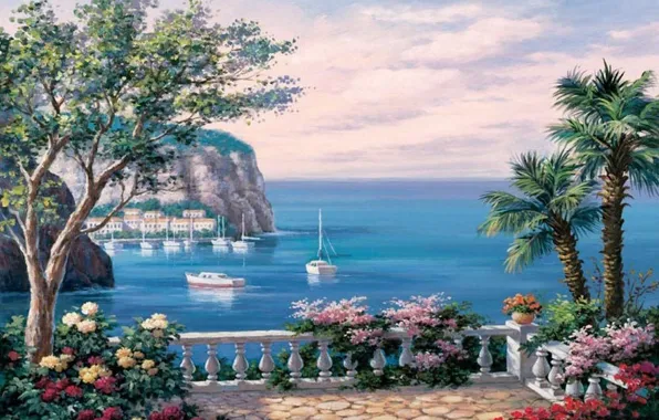 Sea, flowers, picture, yacht, painting, terrace, painting, Sung Kim