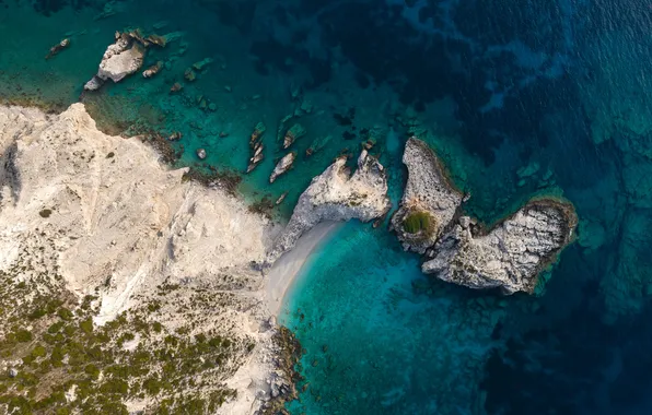 Green, sea, coast, blue, cliffs, aerial view
