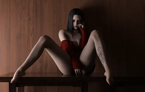 Girl, flowers, pose, table, tattoo, art, tattoo