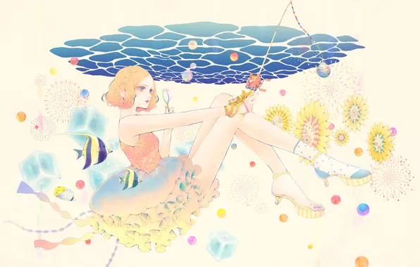 Water, fish, bubbles, Girl, rod