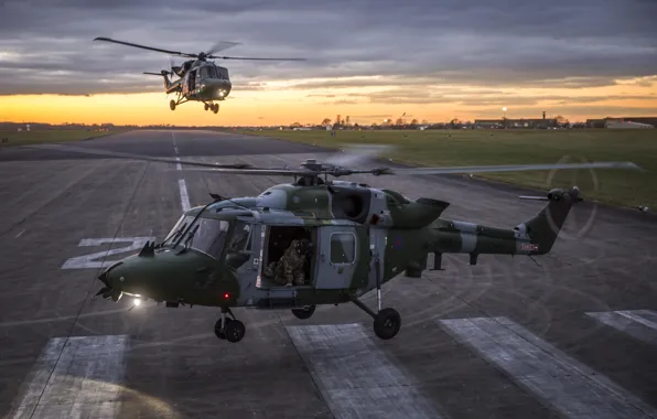 Sunset, helicopters, pair, runway, British Army, Westland, Lynx, Air Corps