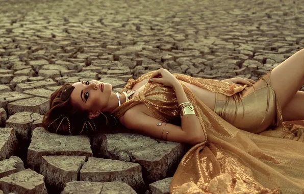 Look, girl, decoration, cracked, pose, style, earth, desert
