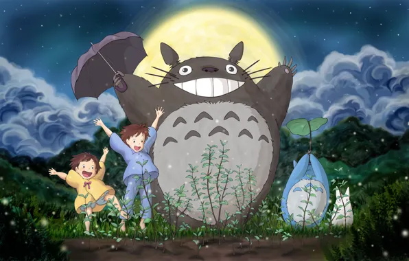 Forest, the sky, grass, clouds, the moon, Totoro, Hayao Miyazaki, Satsuki