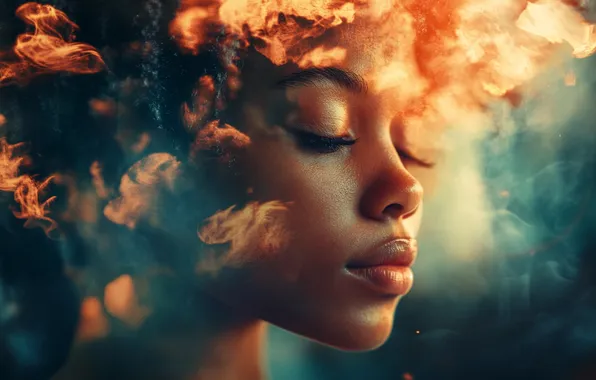 Girl, fire, smoke, fantasy, African-American, AI art, neural network