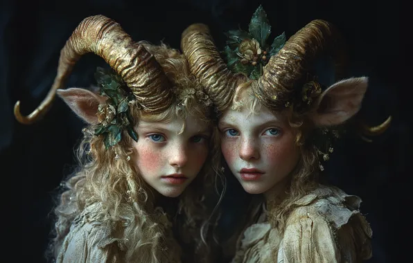 Look, girls, portrait, freckles, horns, blonde, black background, a couple