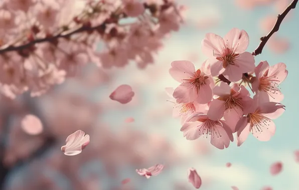 The sky, light, flight, flowers, branches, cherry, spring, petals