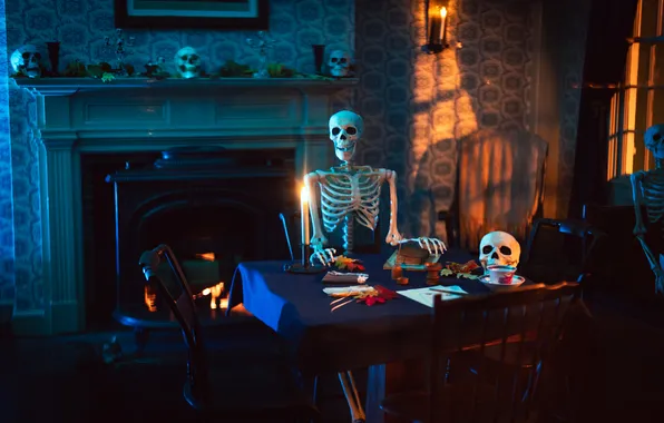 Autumn, night, table, room, holiday, skull, skeleton, Halloween