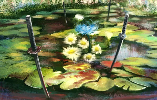 Leaves, flowers, nature, pond, katana