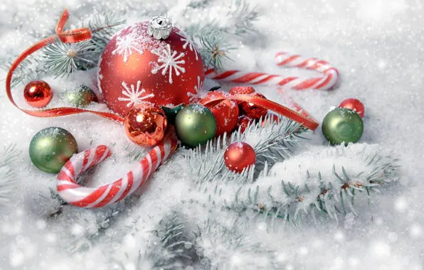 Picture winter, snow, decoration, branches, balls, ate, lollipops, Anya Ivanova