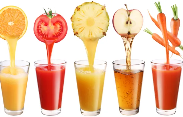 Apple, orange, white background, glasses, pineapple, drinks, tomato, carrots