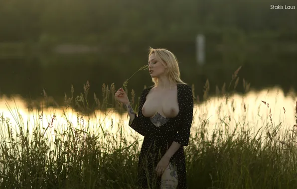 Chest, grass, nature, pose, river, model, makeup, figure