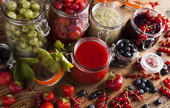 Picture leaves, berries, table, blueberries, strawberry, Bank, currants, gooseberry