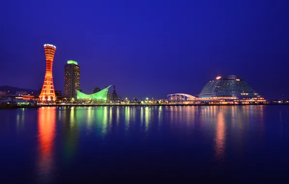 The sky, night, the city, building, tower, Japan, lighting, port