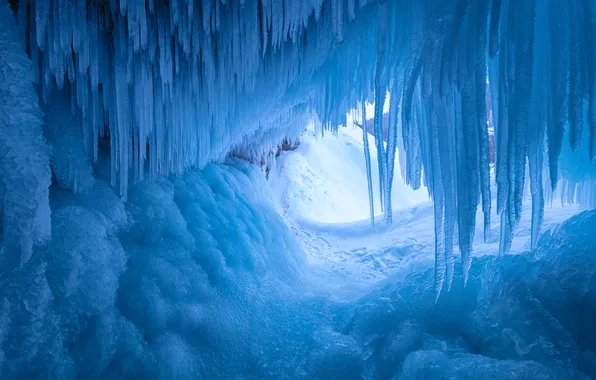 Winter, light, snow, nature, ice, icicles, crystals, cave