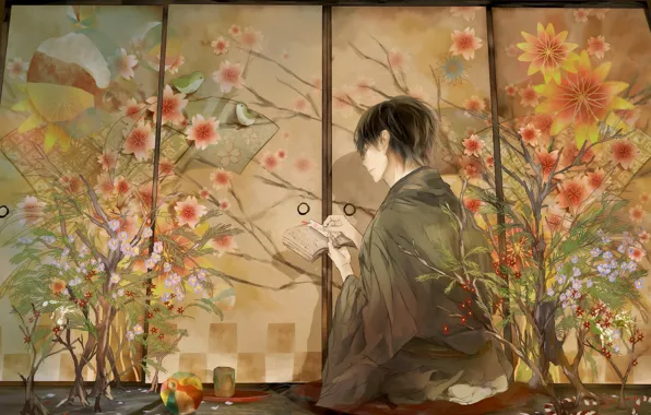 Flowers, birds, anime, characters, guy, kimono, bookmark, tirade