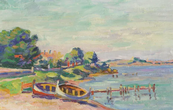 Landscape, shore, boat, picture, Arman Hyomin, Armand Guillaumin, Southern Landscape. Le Brusc