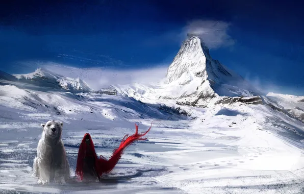 Picture cold, girl, snow, mountains, red, the wind, bear, art