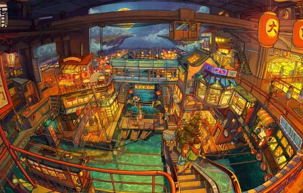 Water, clouds, mountains, the city, the moon, people, tree, anime