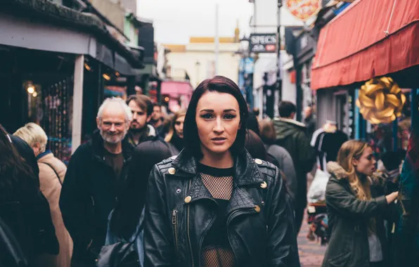 Picture girl, the city, people, hair, jacket, lips, direct look, downotwn