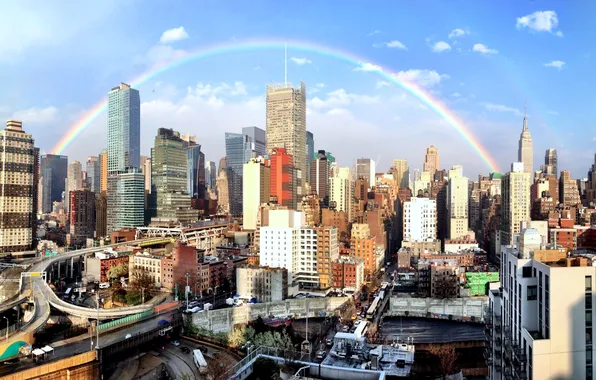 The sky, clouds, skyscraper, home, rainbow, megapolis