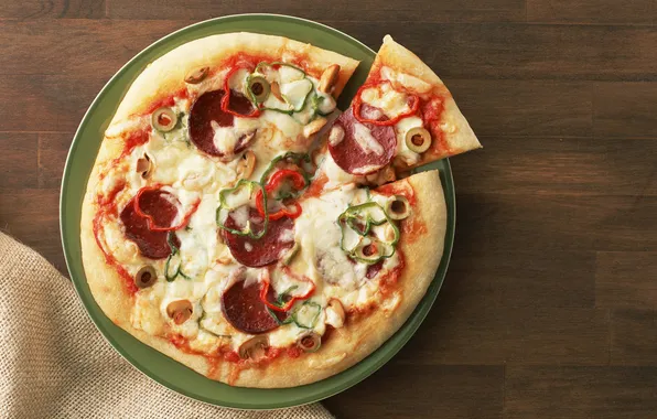 Picture cheese, bow, pizza, tomato, olives, sausage, dish, bell pepper