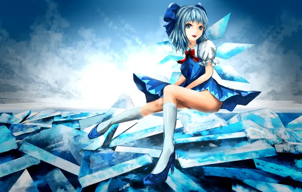 Picture wings, girl, crystals, bow, touhou, cirno
