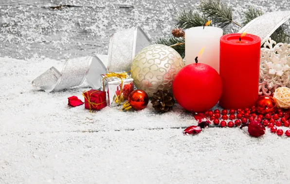 Snow, decoration, tree, candles, New Year, Christmas, Christmas, snow