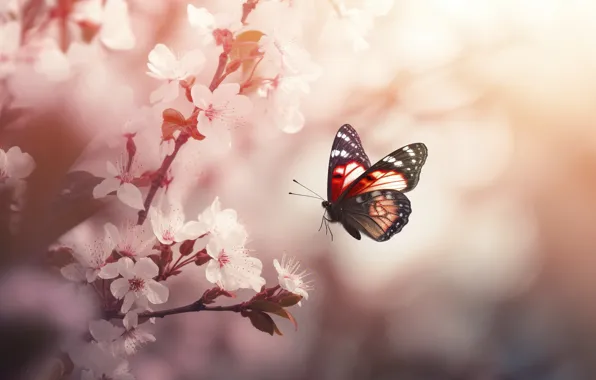 Light, butterfly, flowers, branches, butterfly, spring, pink, flowering