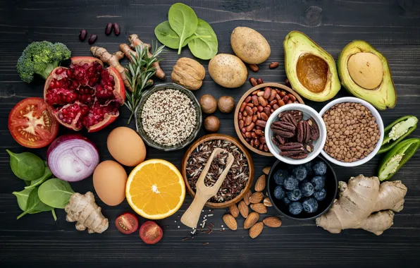 Picture table, fruit, nuts, vegetables, wood, composition, spices, spices