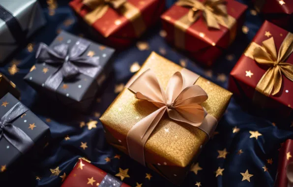 Christmas, gifts, New year, bows, gift boxes, AI art, neural network