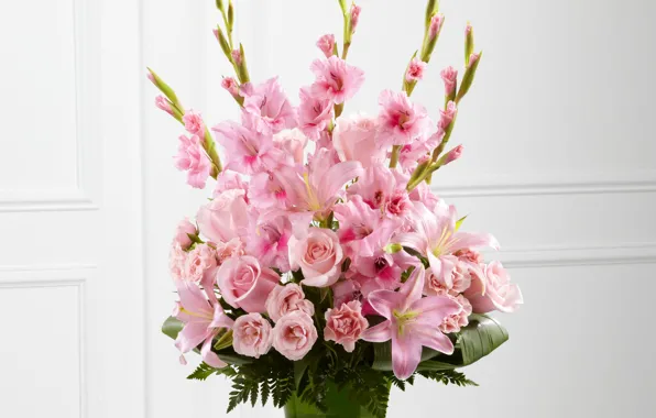 Flowers, Lily, roses, bouquet, gladiolus