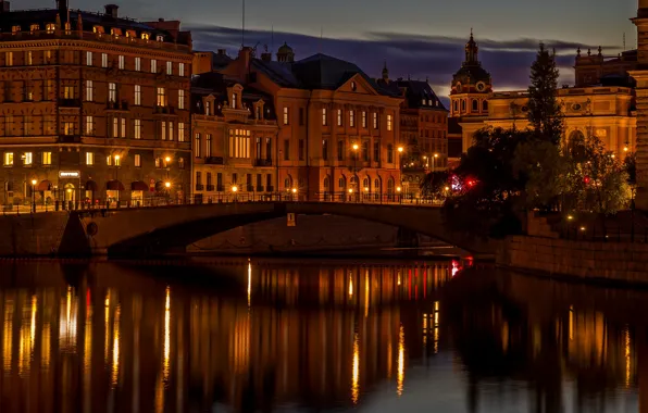 Trees, night, bridge, lights, river, home, lights, channel