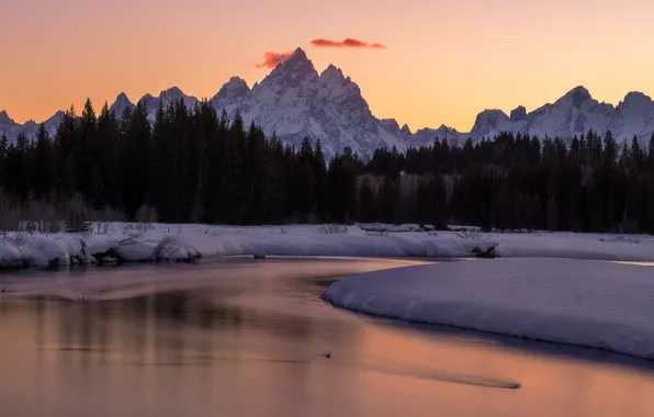 Winter, forest, snow, mountains, tops, ate, pond
