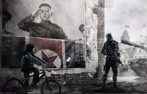 Bike, poster, soldiers, the leader, Homefront, The DPRK, Kim Jong-UN