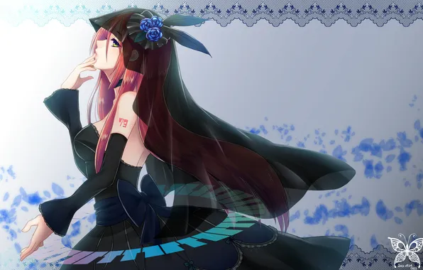 Picture roses, feathers, room, figure, red, black dress, bow, Vocaloid