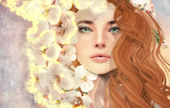 Picture girl, flowers, face, hair