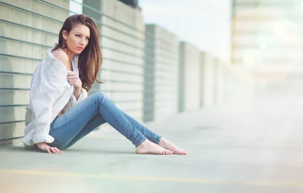 Picture girl, barefoot, model, jeans
