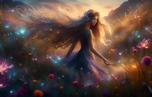 Field, summer, look, girl, light, flowers, mountains, lights