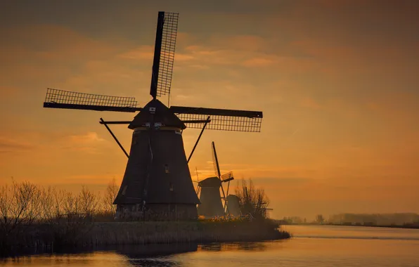 The evening, Netherlands, windmill, Kinderdijk