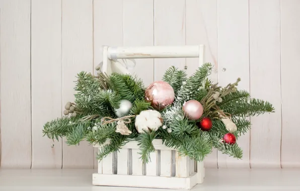 Picture decoration, balls, cotton, fir-tree branches, Christmas bouquet