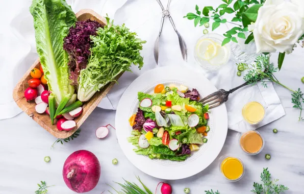 Freshness, cucumber, bow, vegetables, tomatoes, cabbage, salad, radishes