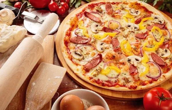 Mushrooms, cheese, vegetables, pizza, tomatoes