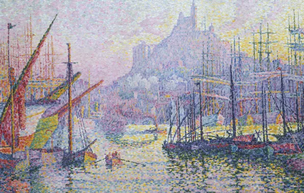 Picture sea, landscape, the city, ship, picture, Paul Signac, pointillism, Marseille. Notre-Dame-de-La-garde