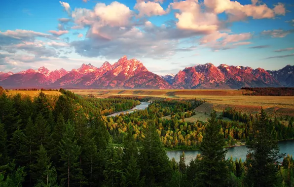 Summer, mountains, river, morning, USA, Wyoming, July, Grand Teton national Park