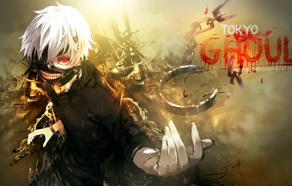 Picture look, anime, mask, chain, white hair, anime, red eye, Tokyo Ghoul