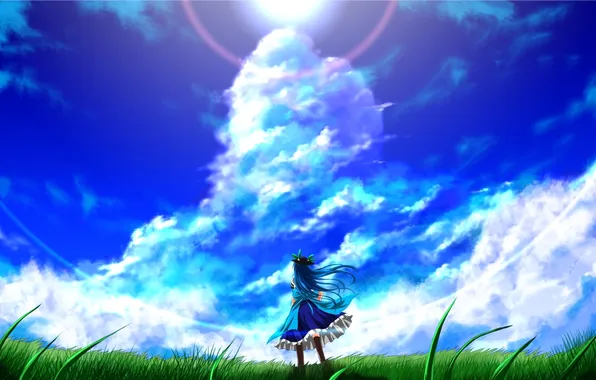 Picture the sky, girl, the sun, clouds, light, the wind, meadow, touhou