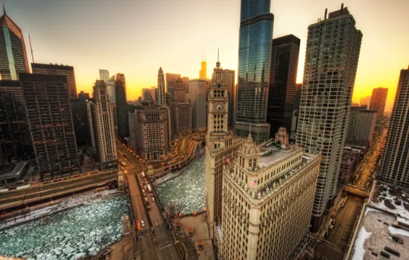 Winter, bridge, city, river, skyscrapers, morning, Chicago, USA