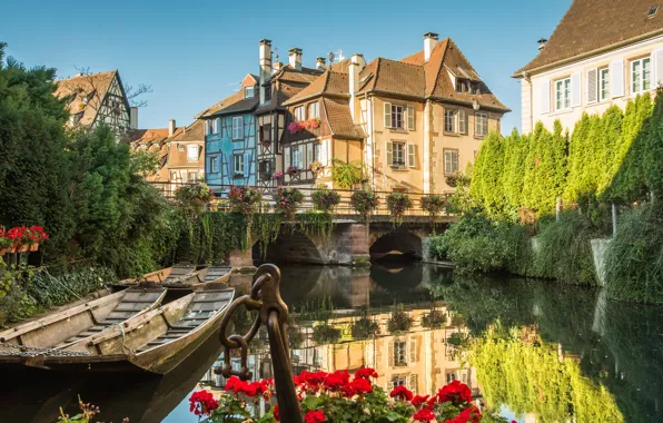 Flowers, the city, boat, France, home, channel, the bridge, Colmar